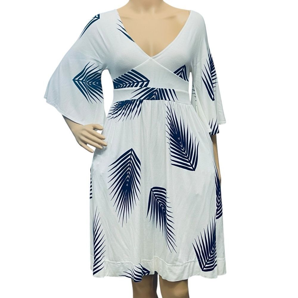 Tart Resort Tropical Dress White Flare 3/4 Sleeve Pullover Stretch Made/US Sz S